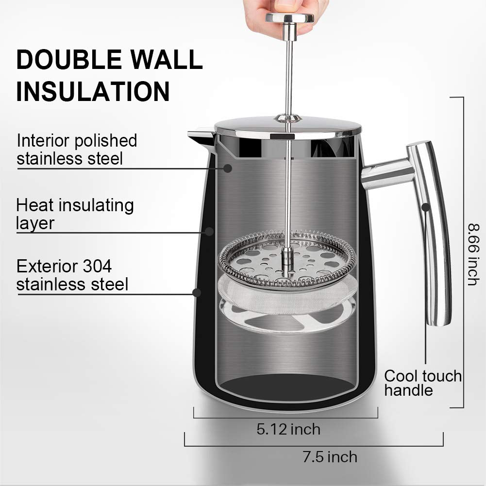 Secura French Press Coffee Maker, 34-Ounce, Stainless Steel, Silver, Model SFP-34DSC-A, Insulated with Extra Screen