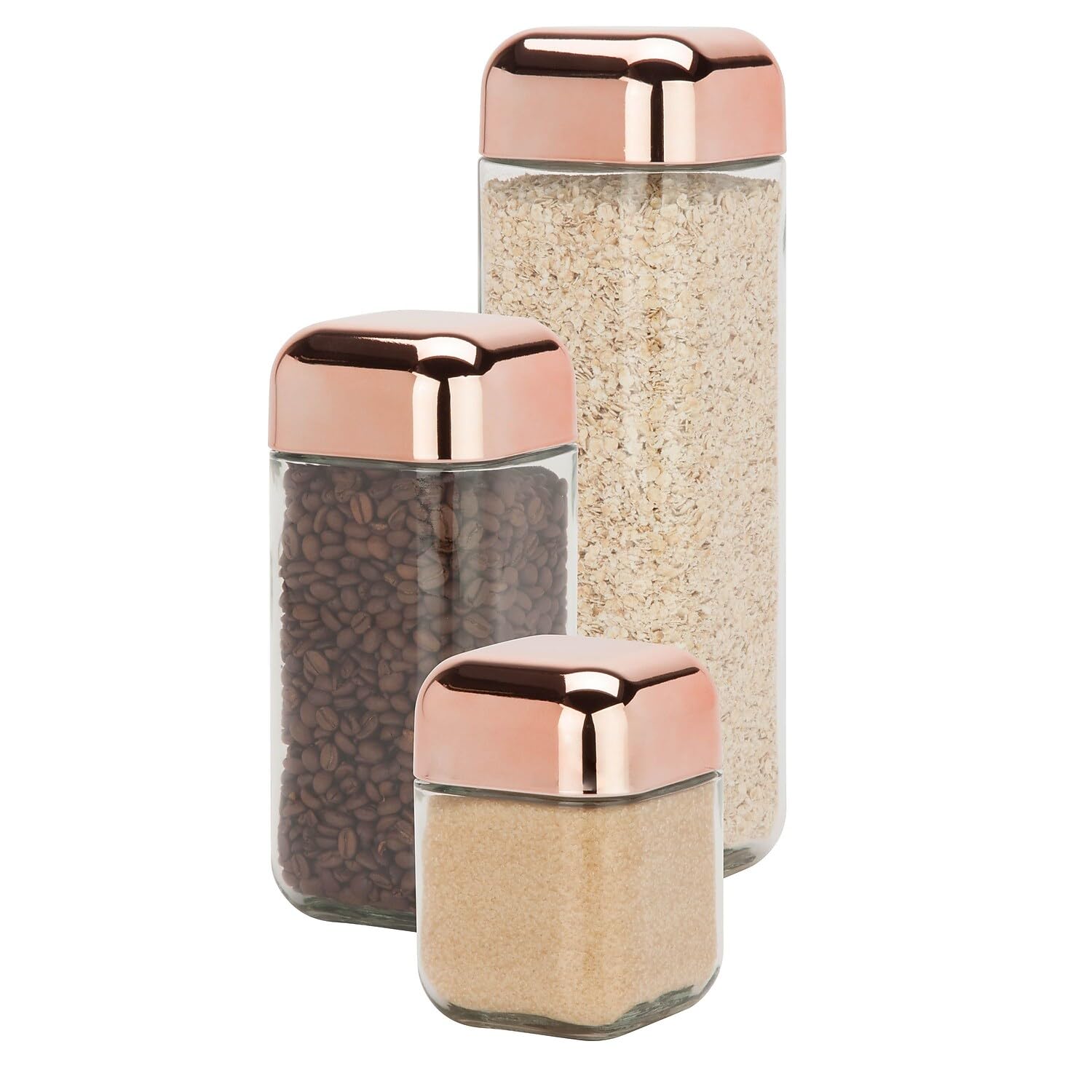 Honey-Can-Do KCH-06479 3-Piece Square Storage Jar Set, 550 mL - 1700 mL Capacity, Rose