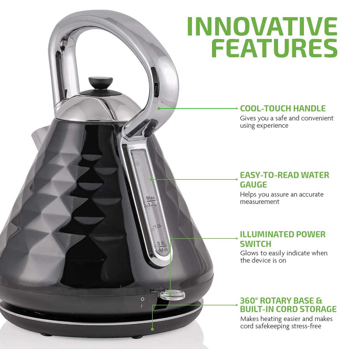 Ovente Electric Kettle Hot Water Boiler Stainless Steel 1.7 L Automatic Shut-Off 1500W Cleo Collection Cool Touch Handle Portabl