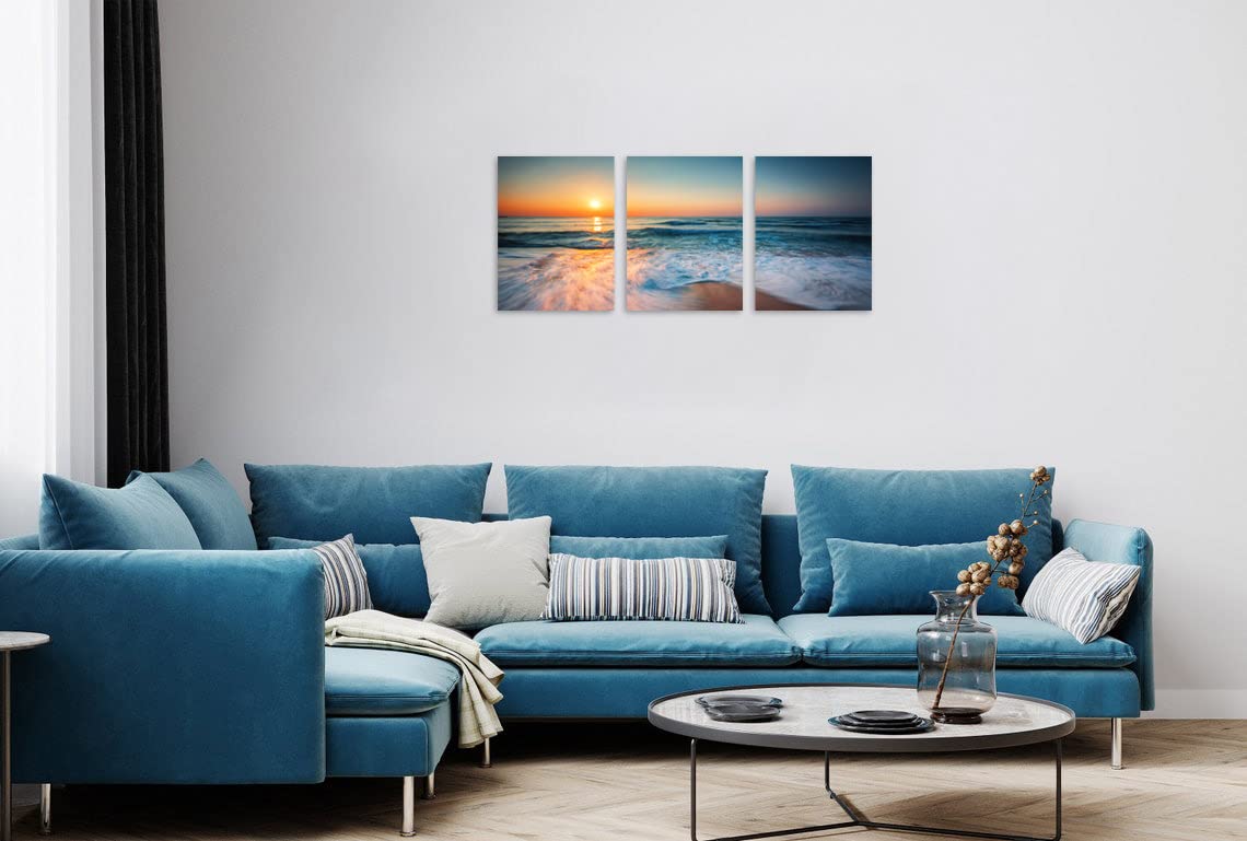 TutuBeer 3 Panels Beach Pictures Wall Art Blue Sea White Beach at Sunrise Pictures Print on Canvas Beach Wall Decor Beach Paintings for Home Decor Stretched and Framed Easy to Hang 12'' x 16'' x 3 Pcs