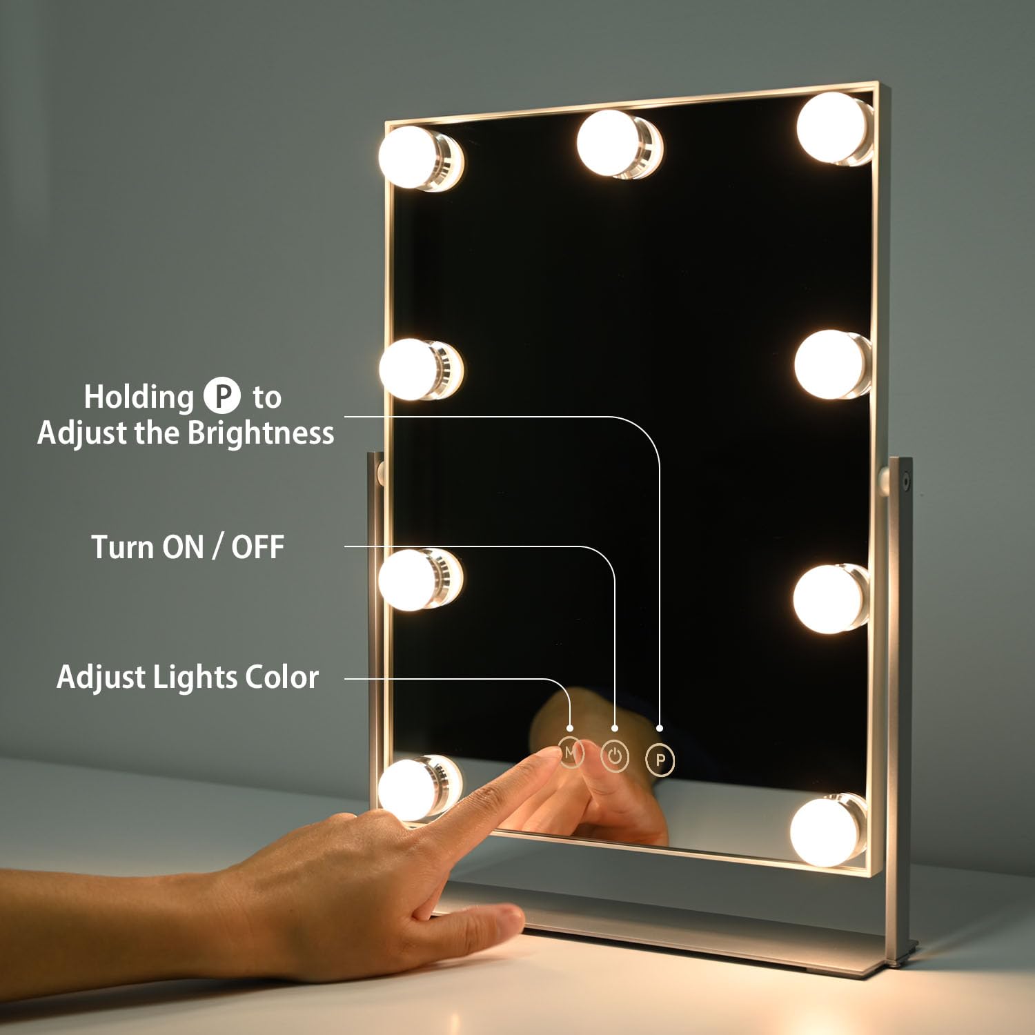 Nezzoe Vanity Mirror With Lights, Lighted Makeup Mirror With 9 Dimmable Bulbs, 3 Color Lighting Modes, Detachable 5X Magnificati