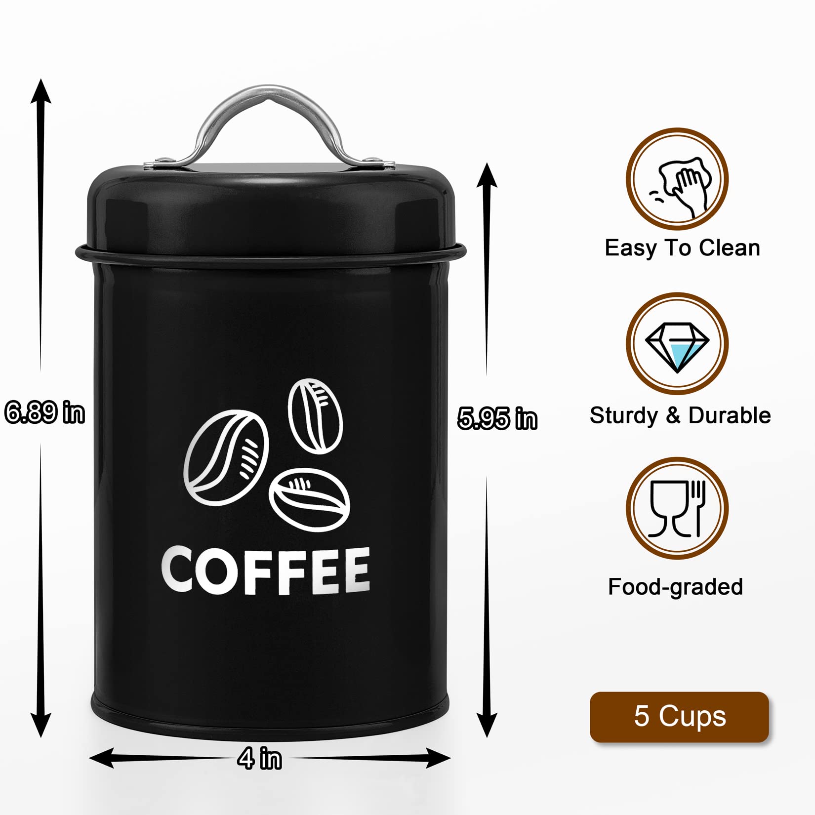 P&P Chef Black Canisters Set Of 3, Metal Kitchen Canister With Lid Set For Sugar Tea Coffee, Food Storage, Vintage Farmhouse Con