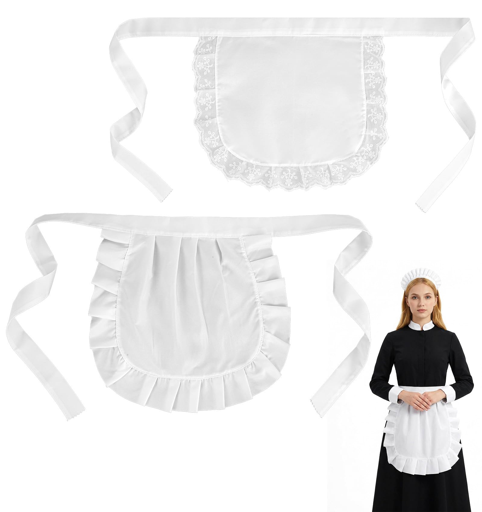 Thrymme 2 Pcs Maid Apron, 2 Styles Cosplay White Apron For Women With Lace