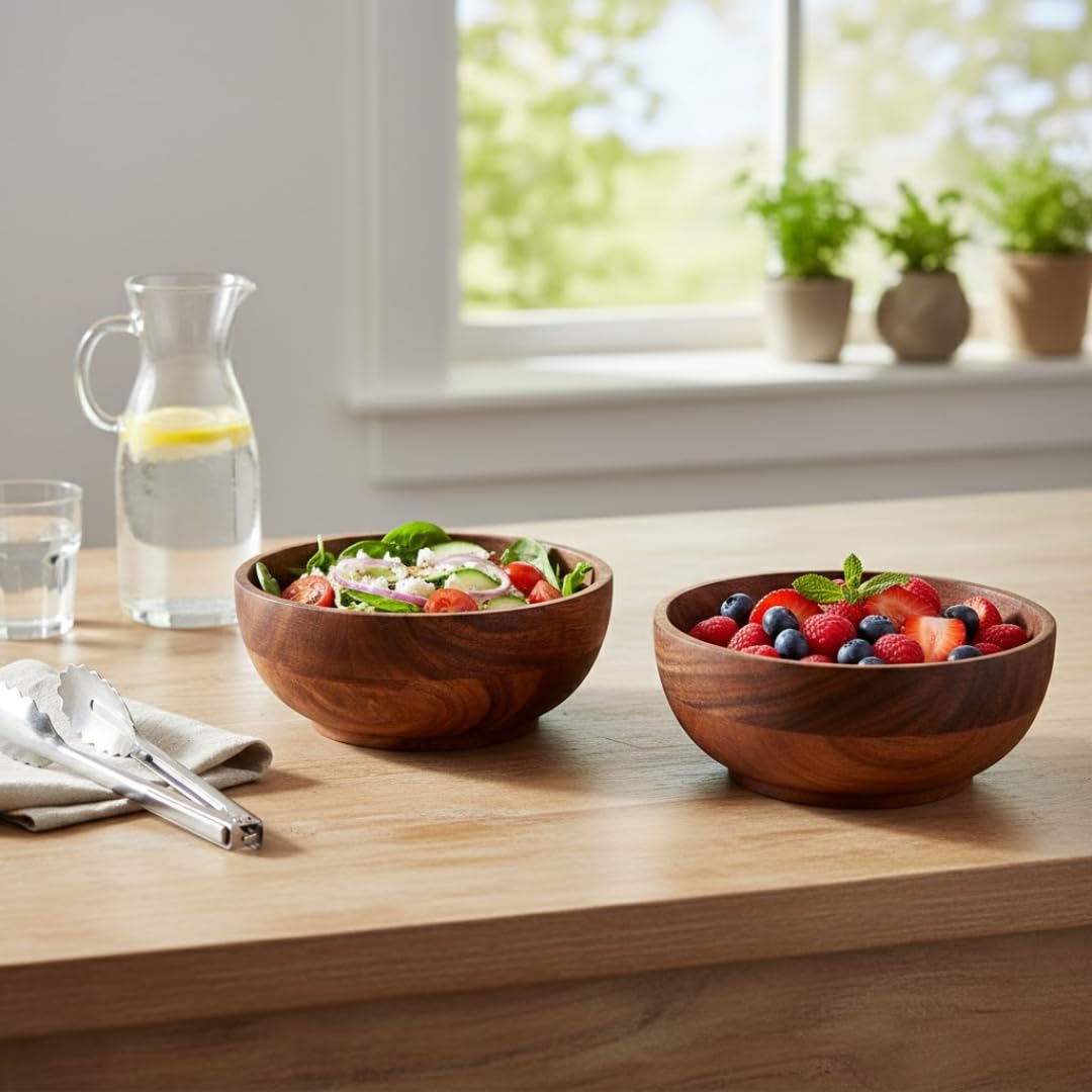 Saaga Acacia Round Wooden Bowl 2Pcs Set  5 Inch X 2.25 Inch  Multipurpose Bowls Set For Soup, Salad, Fruits, Vegetable, Dough 