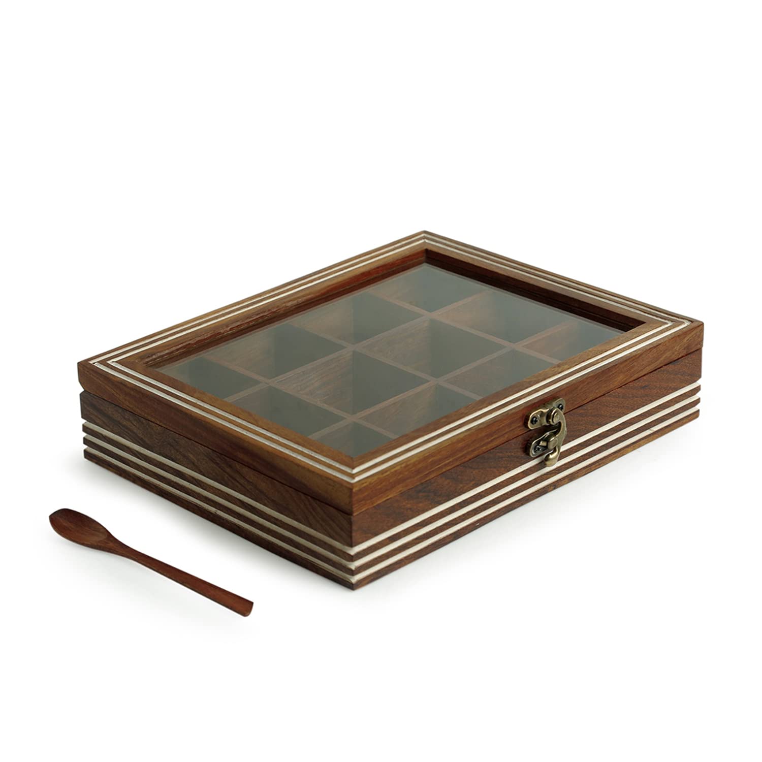 ExclusiveLane Wooden Indian Spice Box With Spoon (12 Compartments, 90 ML Each) - Masala Dabba Wooden Masala Box Namak Daani Shee