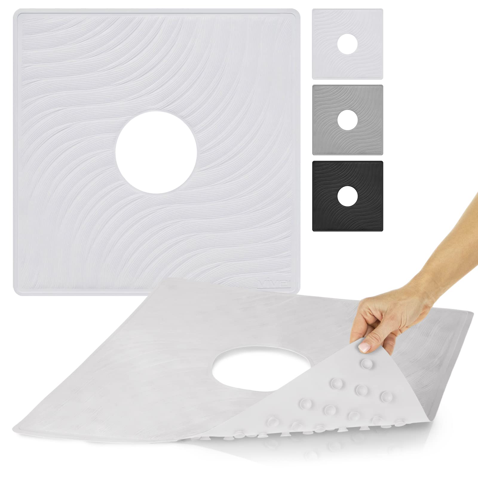 Vive Shower Mat - 22 by 22 Square Non Slip Large Bath Mat for Bathtub - Patented Design - Suction Cup Traction Skid Pad for Stal