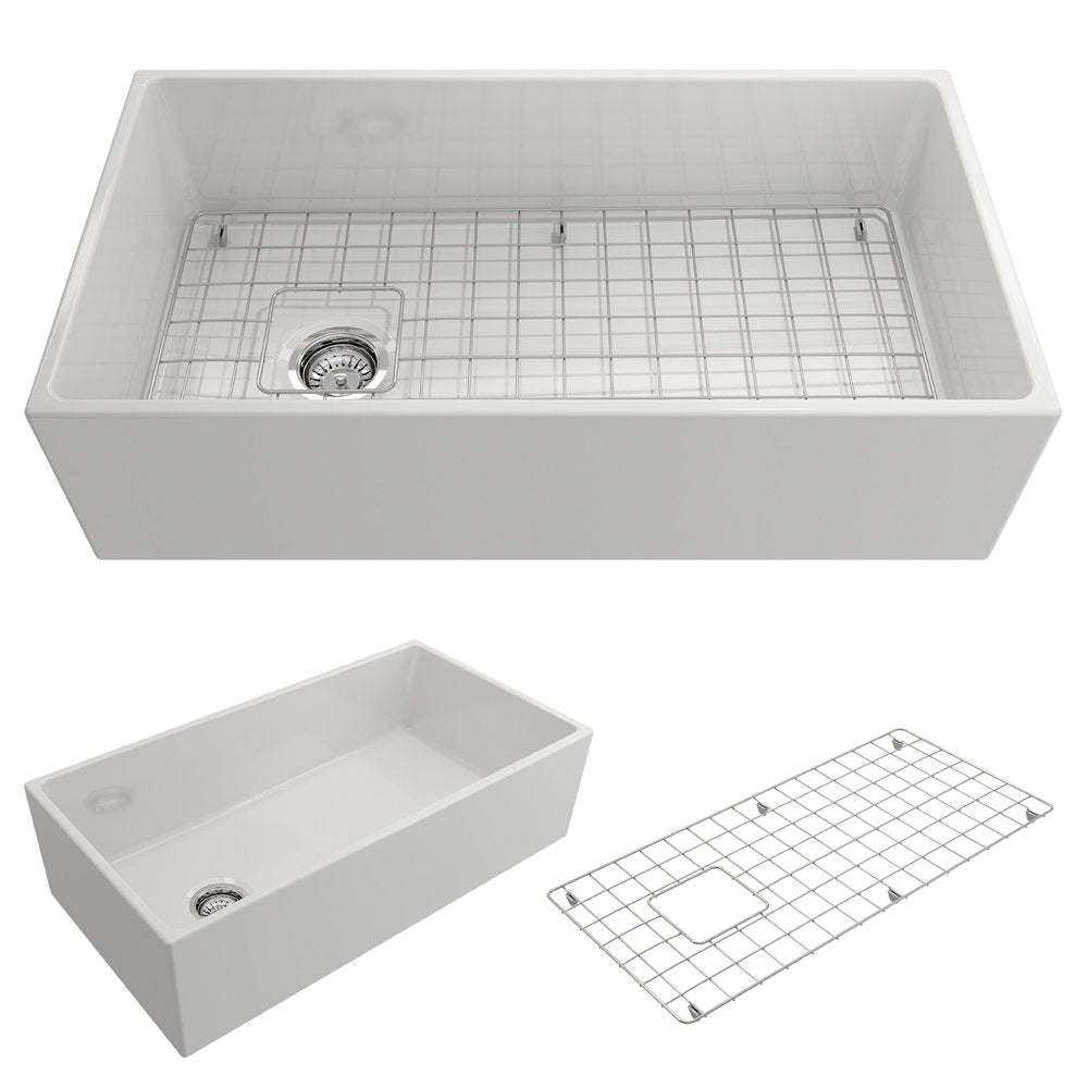 Bocchi Contempo Farmhouse Apron Front Fireclay 36 In. Single Bowl Kitchen Sink With Protective Bottom Grid And Strainer In White