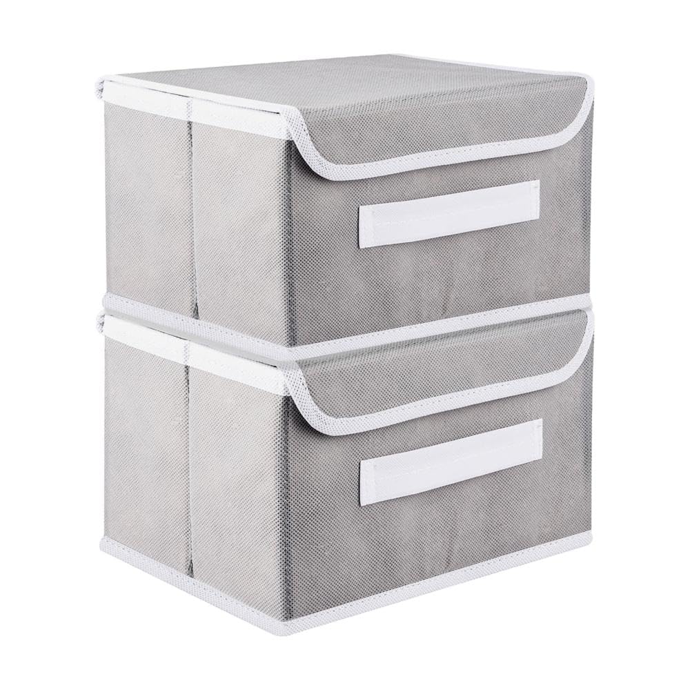 M Teaser Non Woven Foldable Storage Box With Lid, Grey, Multipurpose Stackable Organiser For Clothes, Toys And Books, 34X22X20 C