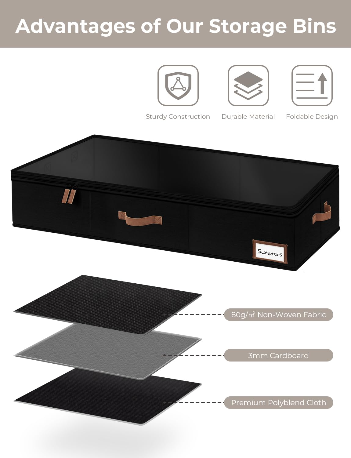 StorageWorks Underbed Storage Bins, Under Bed Storage Containers with Zippers, Closet Organizer for Clothes, Blankets, Black, La