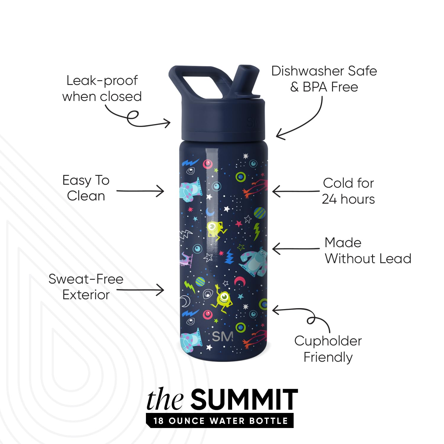 Simple Modern Kids Summit Water Bottle with Straw Lid | Disney Pixar Monsters Inc 18oz Stainless Steel Cup Insulated Tumbler for