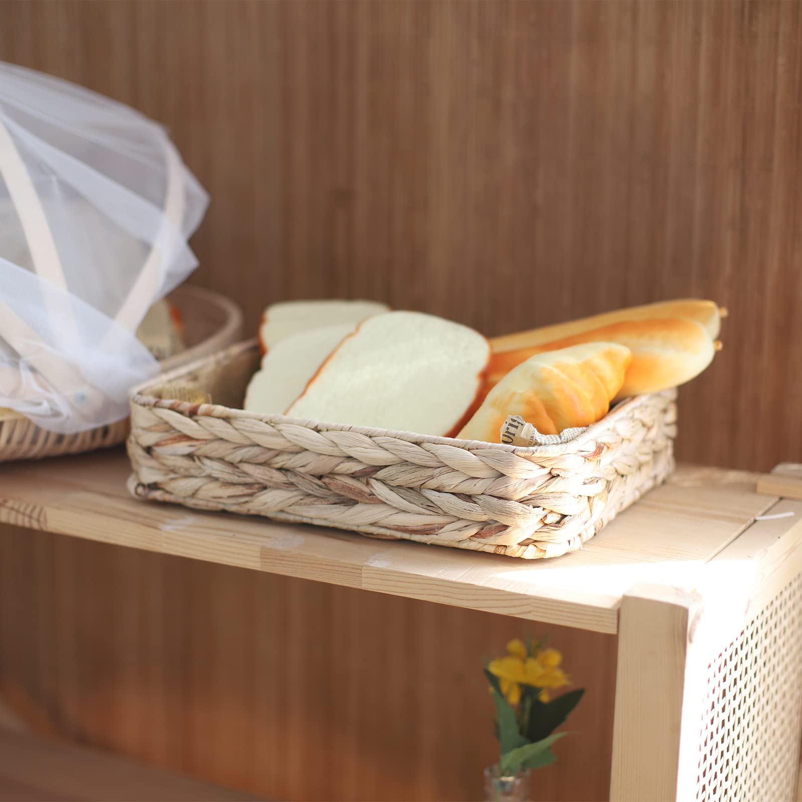 Water Hyacinth Woven Serving Tray Rectangular Hand-Woven Wicker Storage Trays For Coffee/Breakfast/Dessert/Fruit/Bread (Original