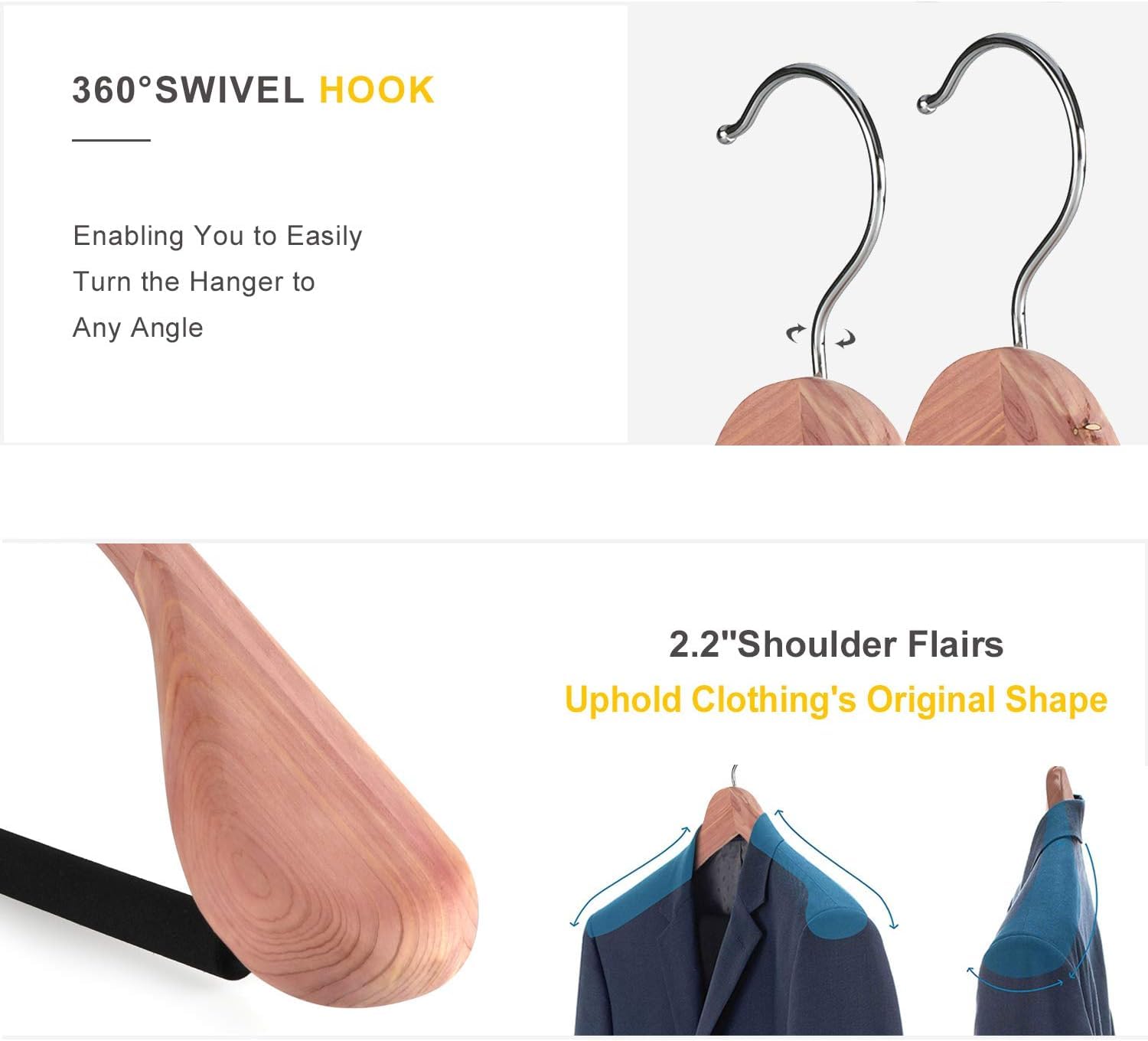 Topia Hanger American Red Cedar Wide Shoulder Wooden Hangers 8 Pack, Luxury Wood Suit Coat Hangers With Black Padded Pant Bar-36