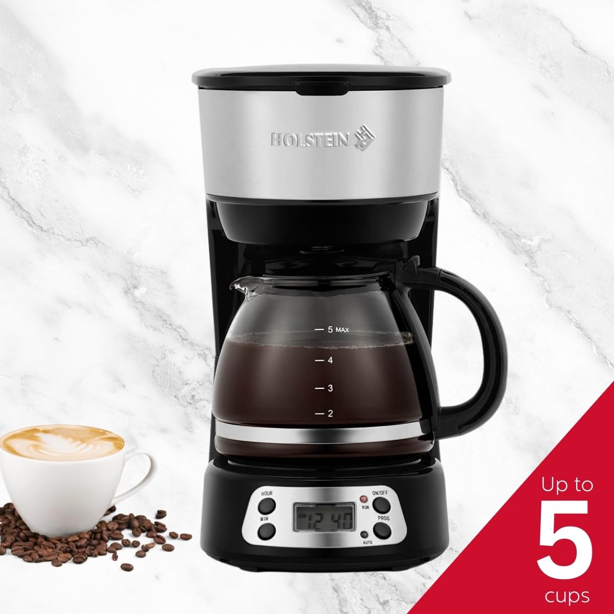 Holstein Housewares 5-Cup Programable Coffee Maker, Convenient And User Friendly, Black And Stainless Steel With Auto Pause And