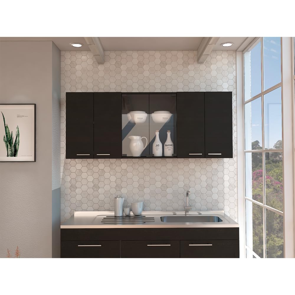 TUHOME Superior 150 Wall Cabinet With Glass  Four Internal Shelves  Glass Cabinet  Two Double Door Cabinet  Racks  Black  For Kitchen Room