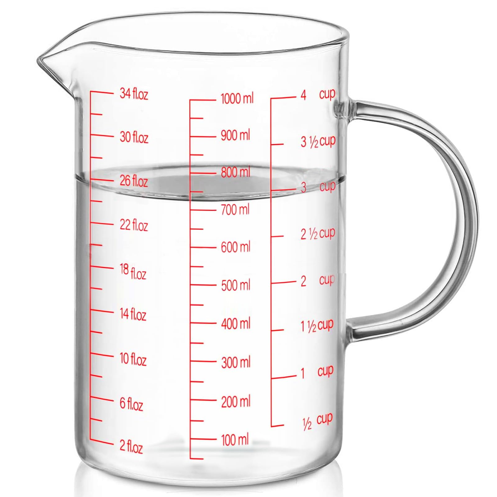 Luvan Glass Measuring Cup  4 Cup Glass Measuring Cup With 3 Scales (Ml/Oz/Cup)  High Borosilicate Glass Measuring Cup With Handle and V-Shaped Spout  Dishwasher/Freezer/Microwave Safe (34OZ  1000ML)