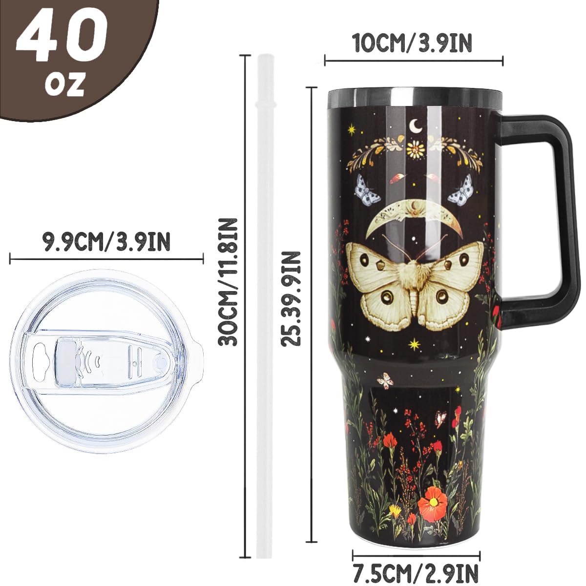 Nqhsionv Gothic Tumbler with Handle and Straw 40 oz Goth Moth Flowers Cup Coffee Travel Mug Stainless Steel Insulated Water Bott