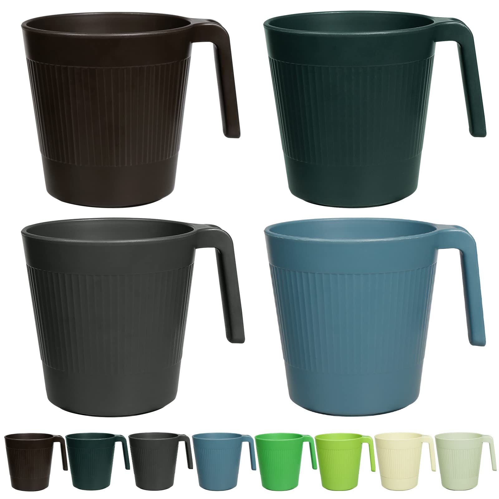 Greentainer Ribbed Drinking Glasses Coffee Mugs Set of 8, Plastic Coffee Cups 16.9 OZ Unbreakable Tumblers with Handle, Reusable