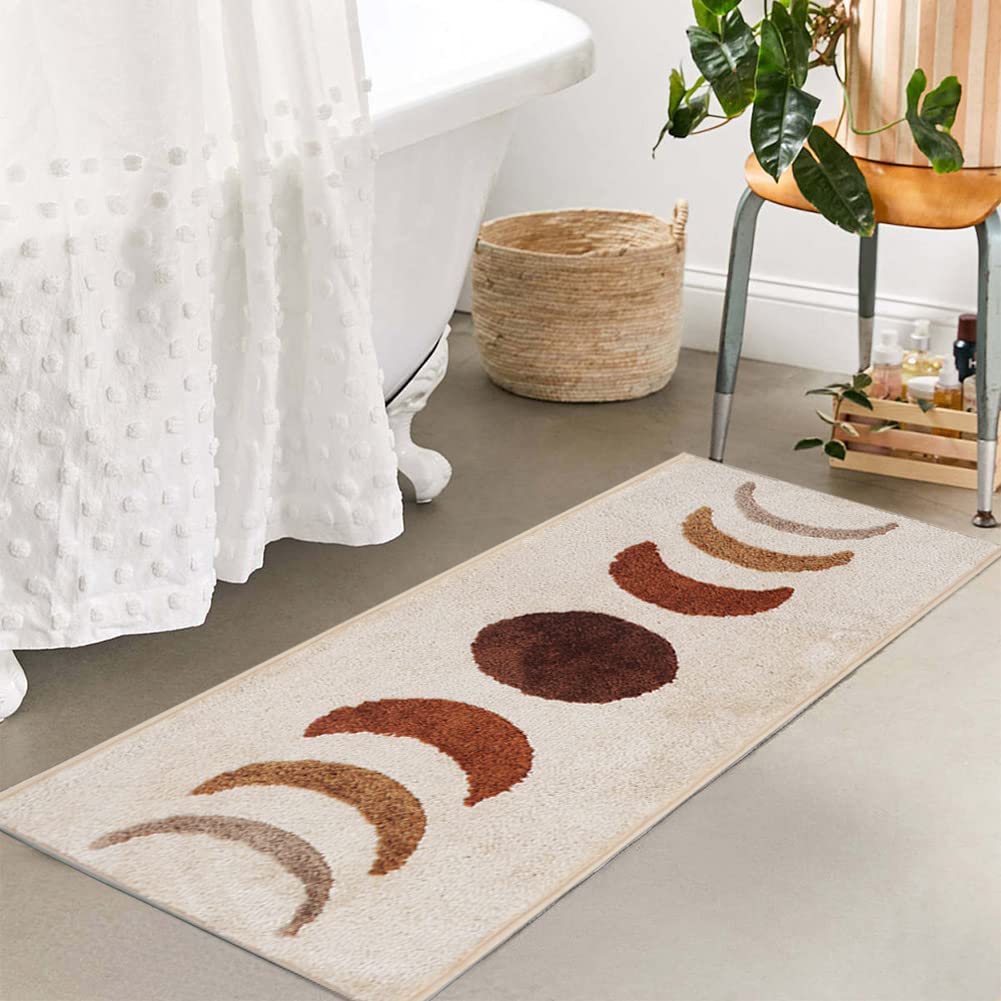 Boho Bathroom Rugs Runner Non-Slip Moon Phases Microfiber Bohemian Bath Mats Washable Carpet For Tub, Shower, Bedroom, Beige, 20