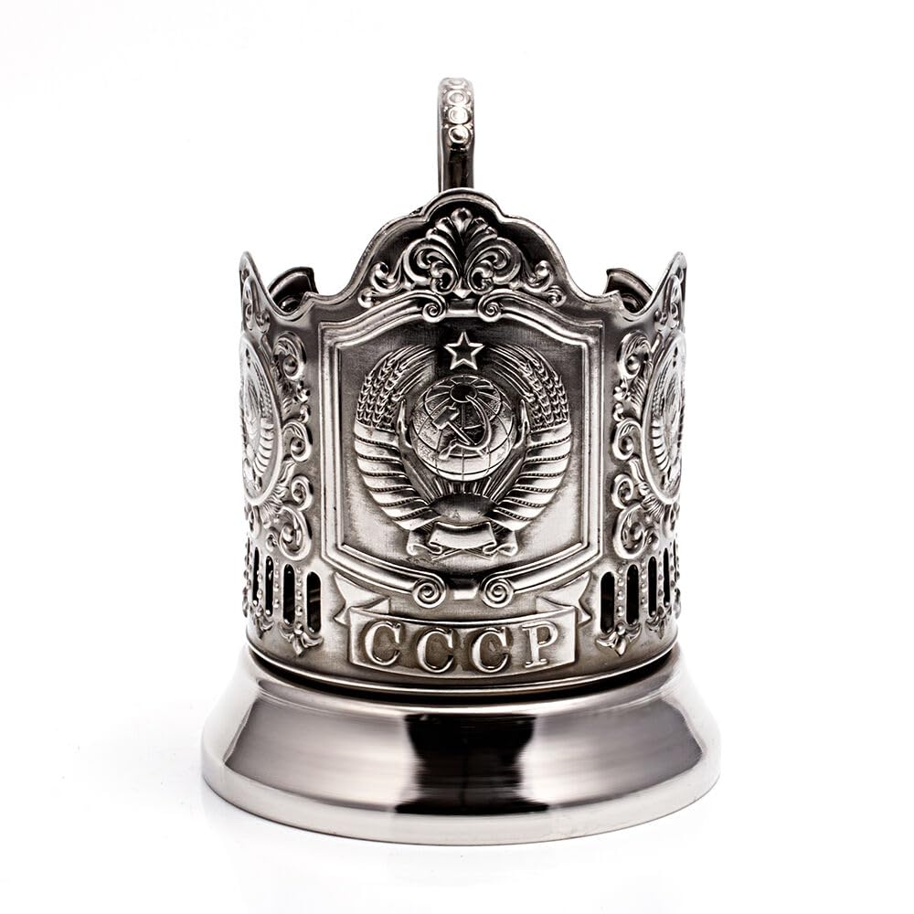 Kalchugino Metal Works USSR Coat of Arms Classic Russian Tea Glass Holder/Russian Podstakannik for Hot or Cold Liquids