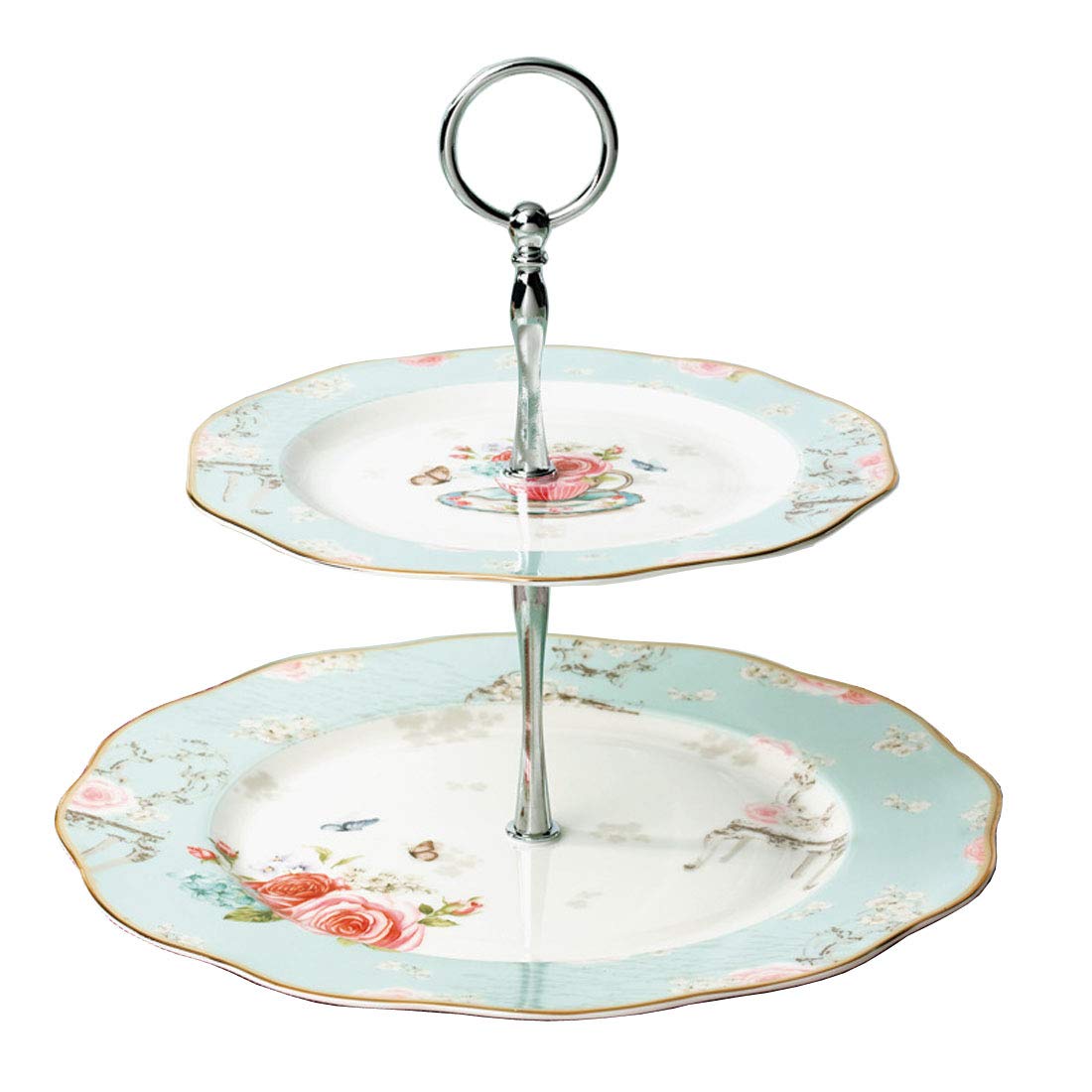 Linlins Elegant Bone China Rose Pattern 2-Tier Cake Stand/ Cupcake Stand/ Pastry Serving Cake Stand In Gift Box (Rose B)