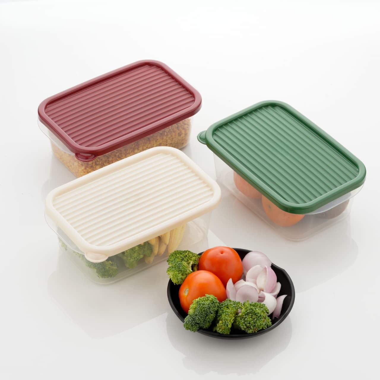 Ashguj Food Storage Containers With Ridged Lids, Set Of 3, Multicolor (Red, Cream, Green), Rectangular, Clear Base(Pack Of 3 Mul
