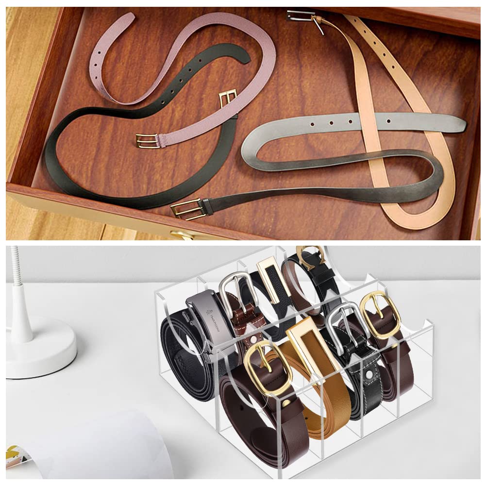 Hlimior Belt Organizer, Acrylic 8 Compartments Belt Container Storage Holder, Acrylic Belt Display Storage Box, Clear Belt Displ
