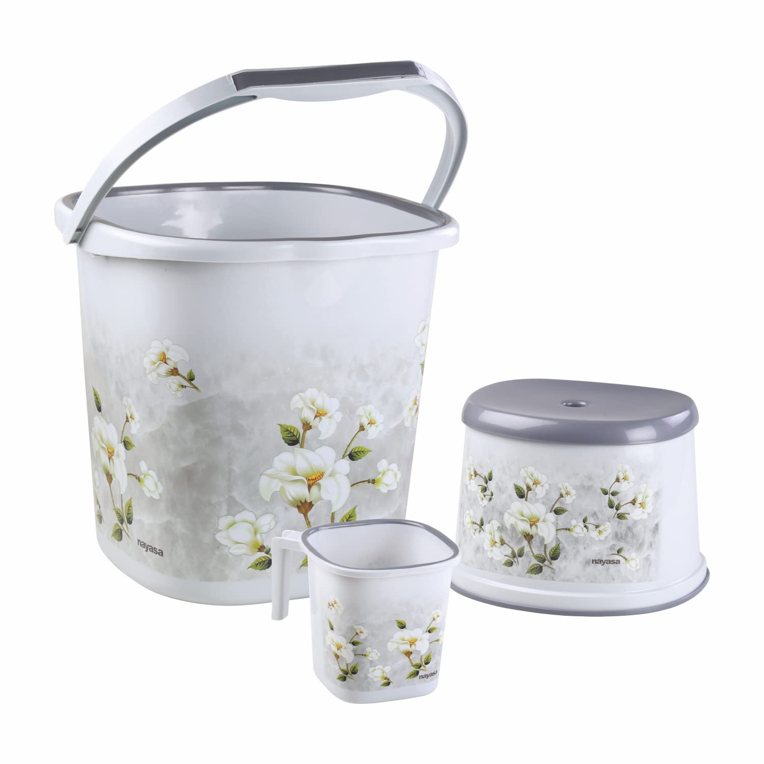 Nayasa Marble Bathroom Set, Set of 3 (25 Litre Bucket + 1500 ML Mug + Stool) of Plastic Bathroom Set, Ideal for Home & Office, L