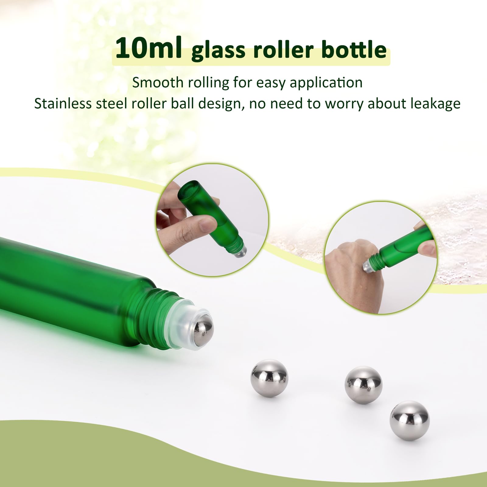 Kesell 10Pcs Empty Roll On Glass Bottles, 10Ml 1/3 Oz Essential Oil Roller Bottles With Stainless Steel Roller Balls - Green Col