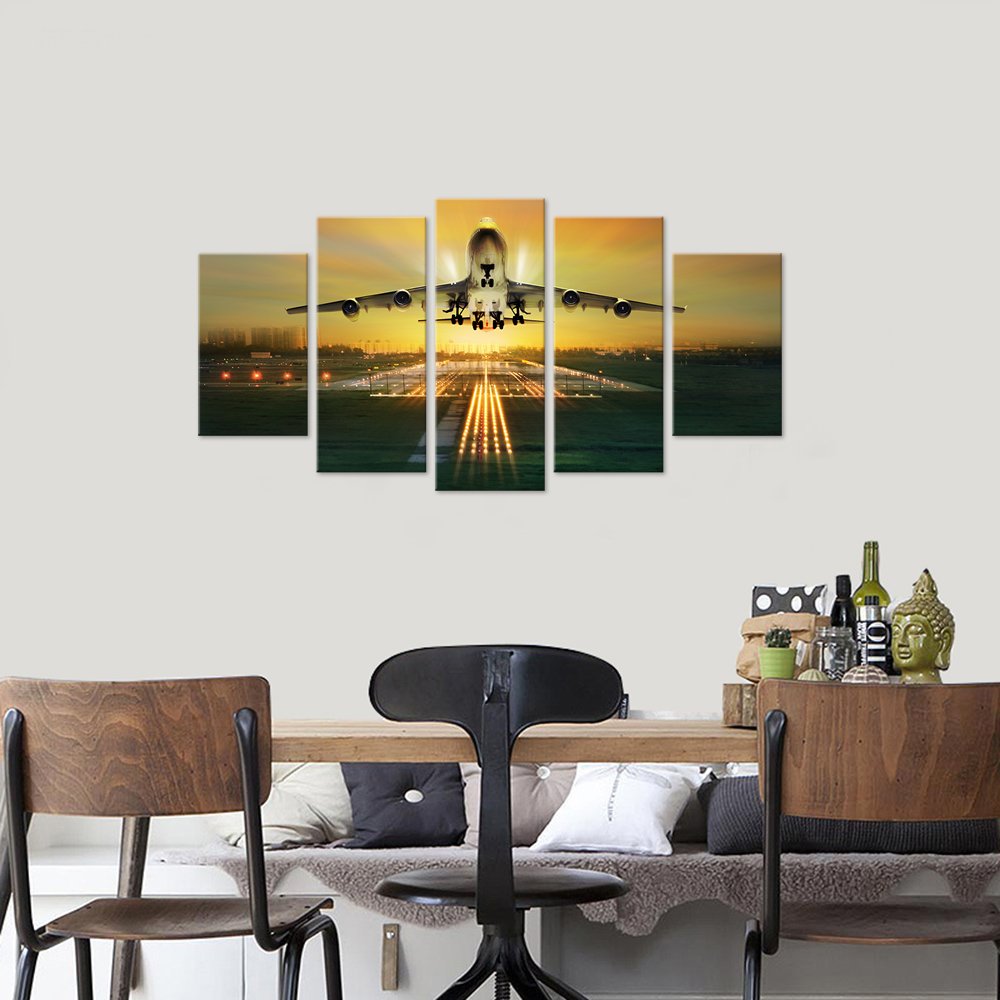 Vvovv Wall Decor 5 Piece Canvas Wall Art Airplane Wall Art Beautiful Airport Night Landscape Airplane Decor Picture,Framed Ready