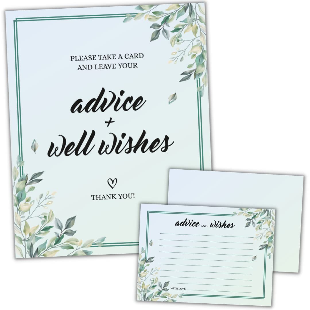 50 Greenery Advice And Well Wishes Cards With 8X10 Sign - Advice Cards For Bridal Shower, Suitable As Wedding Advice Cards, Advi