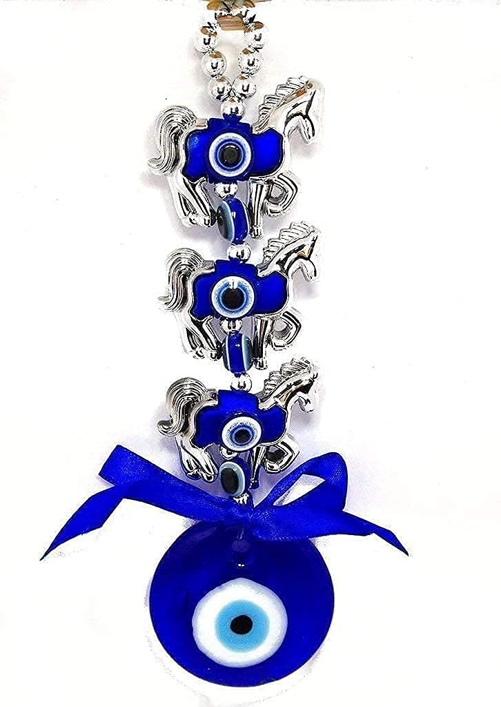 Ripe India Glass Feng Shui 3 Horse Evil Eye Wall and Car Hanging (Blue 5 Cm X 5 Cm X 18 Cm