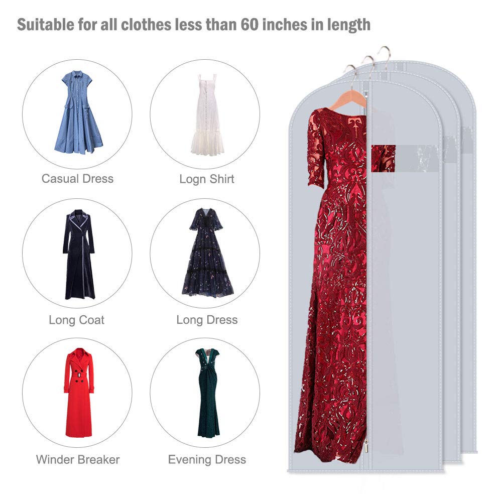 60-Inch Extra Long Garment Bags (3-Pack) - Heavy-Duty Peva Suit & Dress Covers With Metal Zipper, Clear Window, Foldable For Clo