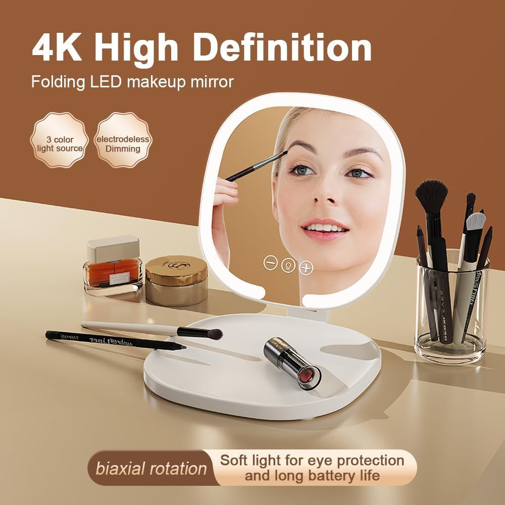 Lumicll Rechargeable LED Travel Makeup Mirror, 3-Color Lighting, Dimmable Touch Screen, Multi Angle Adjustable, Foldable and Por