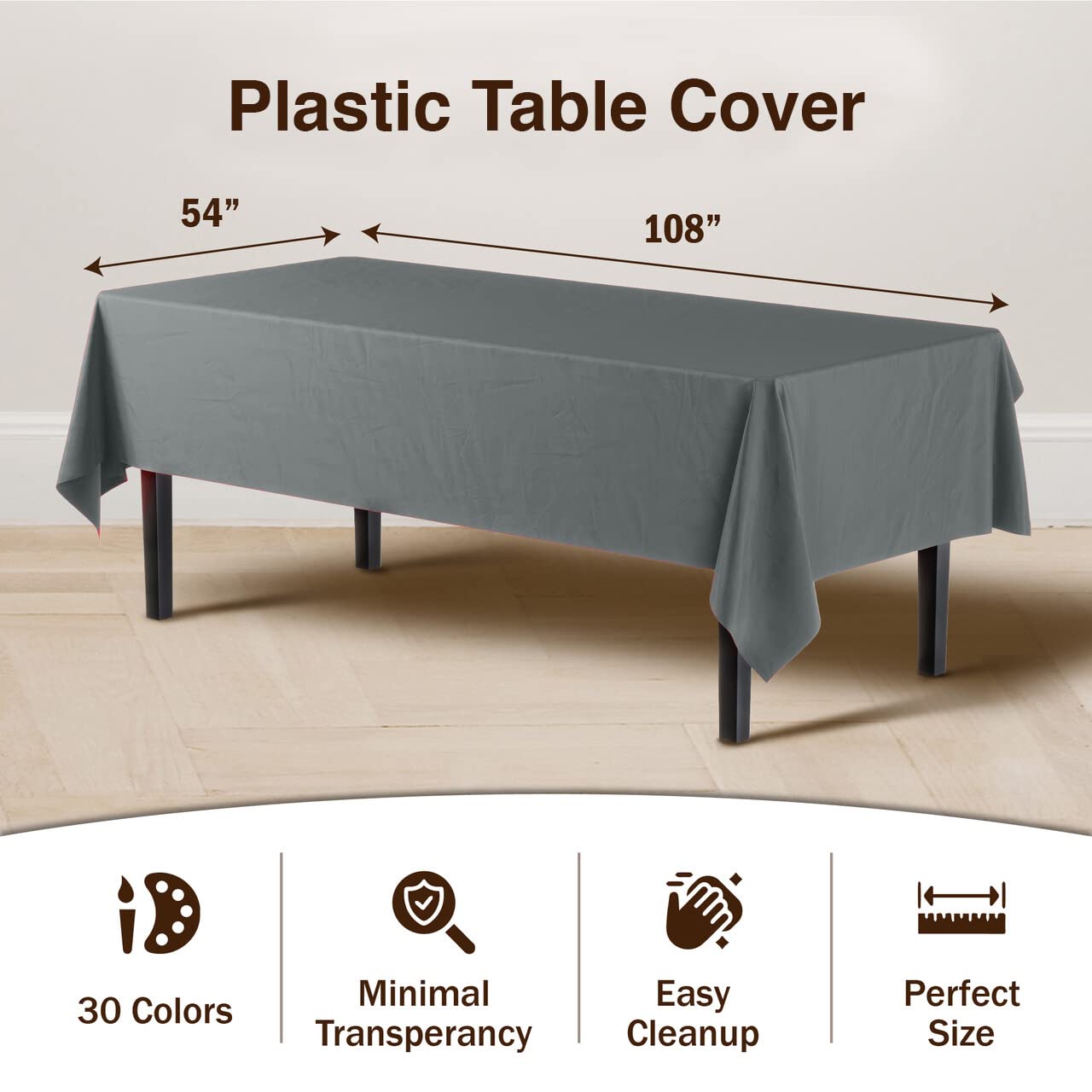 Exquisite 6-Pack Premium Plastic Tablecloth 54In. X 108In. Rectangle Plastic Table Cover - Silver