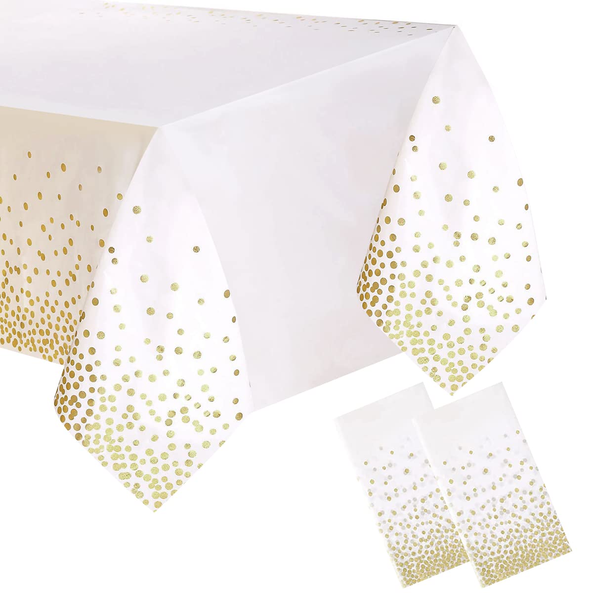 Jepeux 2 Packaging White And Gold Plastic Tablecloth, 54 Inch X108 Inch Rectangular Disposable Dot Party Table Cover, Suitable F