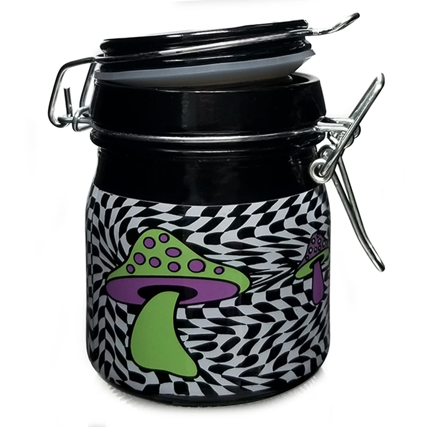 Ted Miller Innovation Airtight Glass Storage Jar Medium 3.75'' Tall ( Wavy Checkboard With Green & Purple Mushrooms)