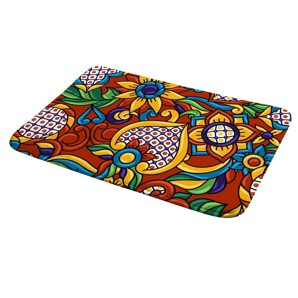 Bath Rug Bathroom Mat Rug Non-Slip Water Absorbent Coral Velvet Shower Machine Washable Memory Foam Mexican Talavera Ethnic Folk