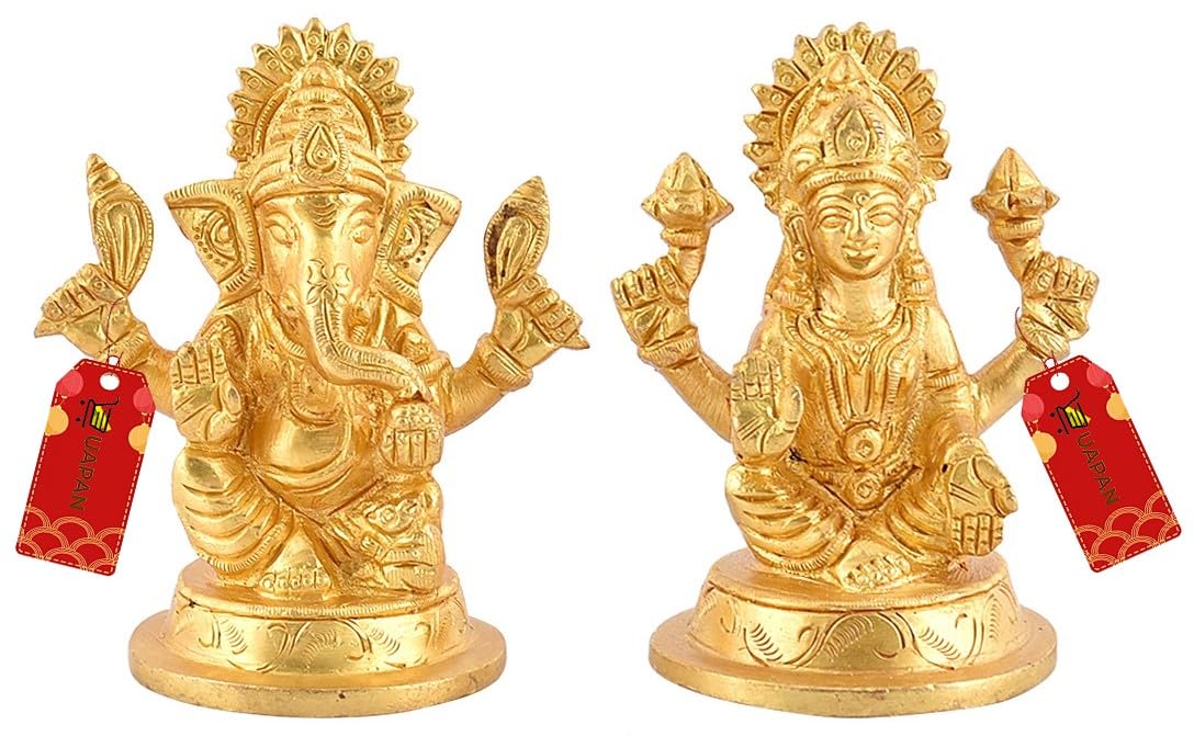 Uapan Brass Idol Murti I Pooja Poojan Temple Daily Worship 100% Brass Material I Laxmi Ganesh Brass Idol (Medium Ganesh And Laxm