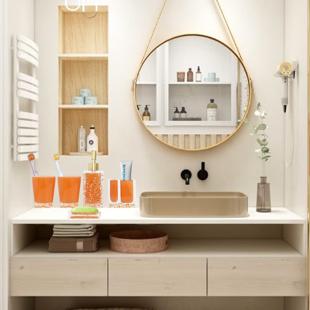 Luant 5-Piece Resin Bathroom Accessory Set With Soap Dish, Dispenser, Toothbrush Holder And Tumbler, Orange