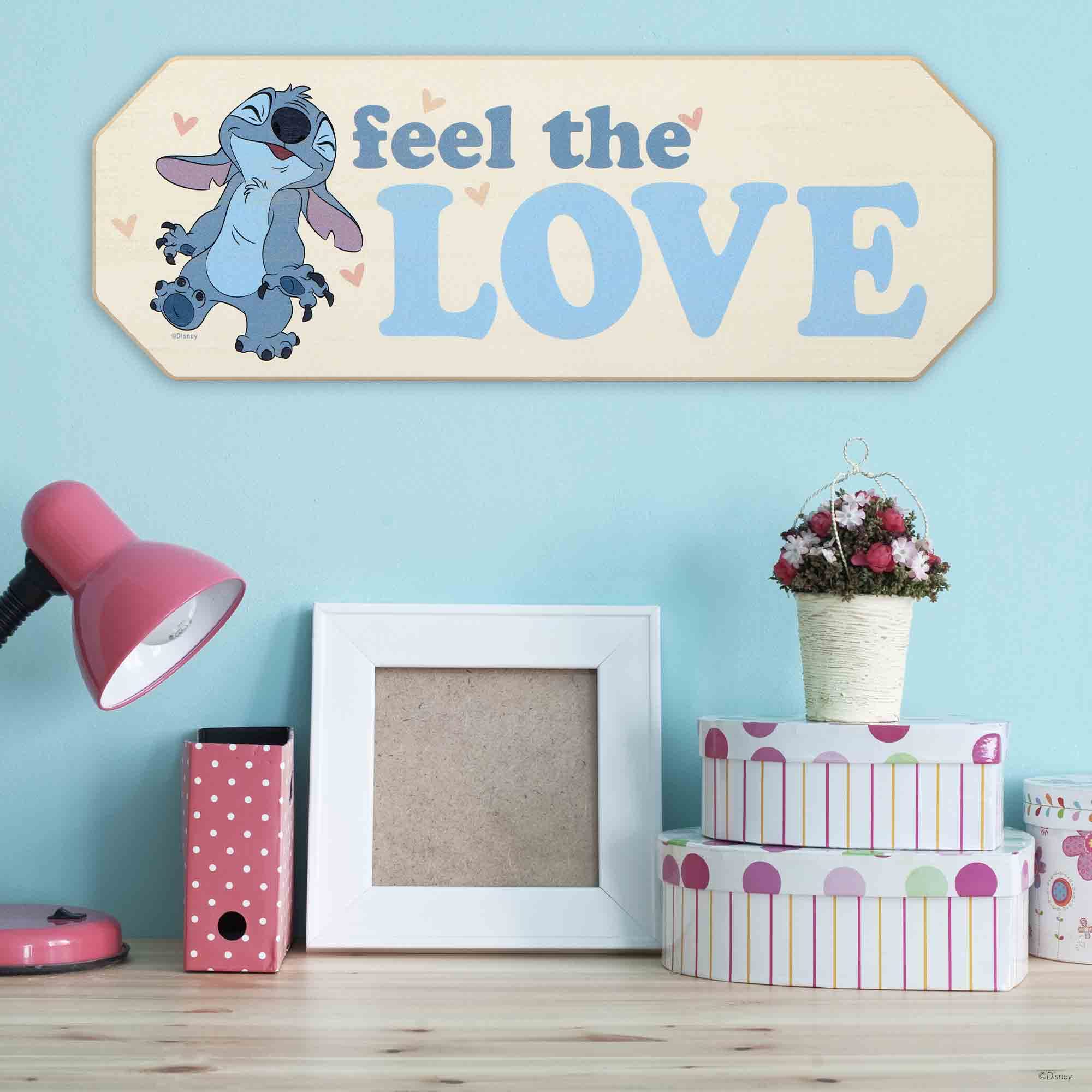 Disney Lilo And Stitch Feel The Love Wood Wall Decor - Adorable Stitch Sign For Kids' Bedroom Or Play Room