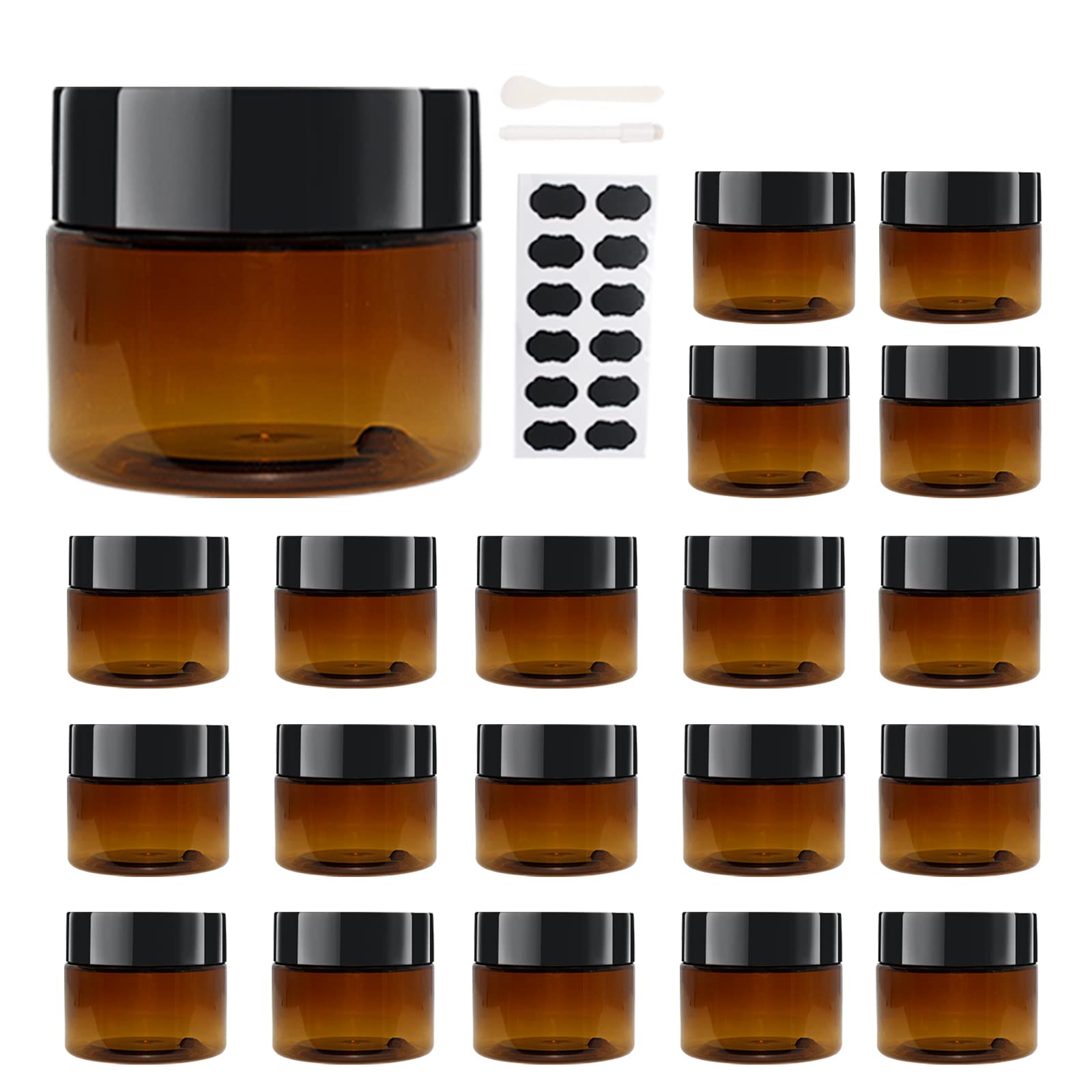 Zmybcpack 20 Pack 4 Oz(120Ml) Amber Plastic Jars With Black Lids, 10 Spatulas, A Pen, Labels - Pet Storage Container For Cosmeti