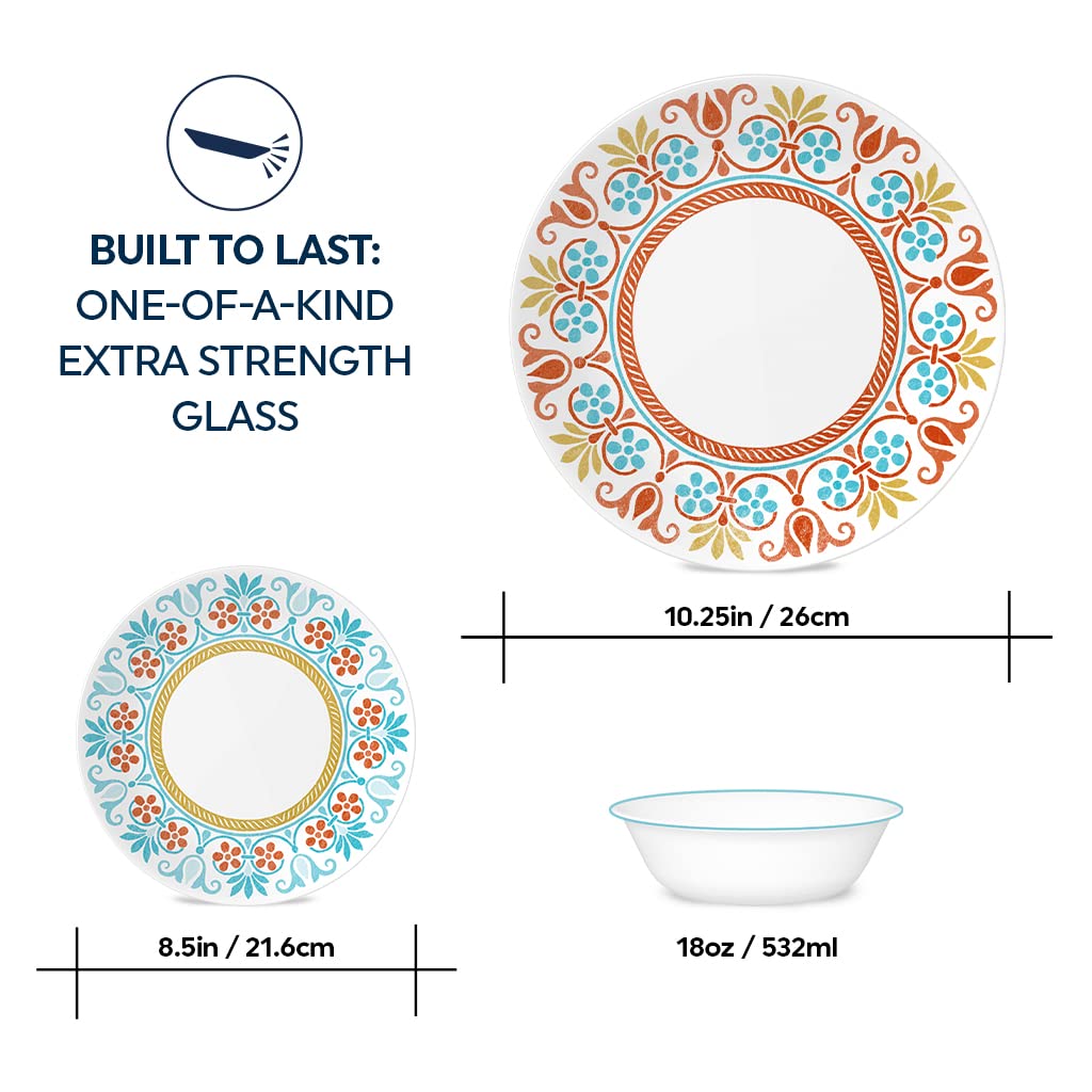 Corelle Global Collection Vitrelle 12-Piece Dinnerware Set, Triple Layer Recycled Glass, Lightweight Eco-Friendly Round Plates a