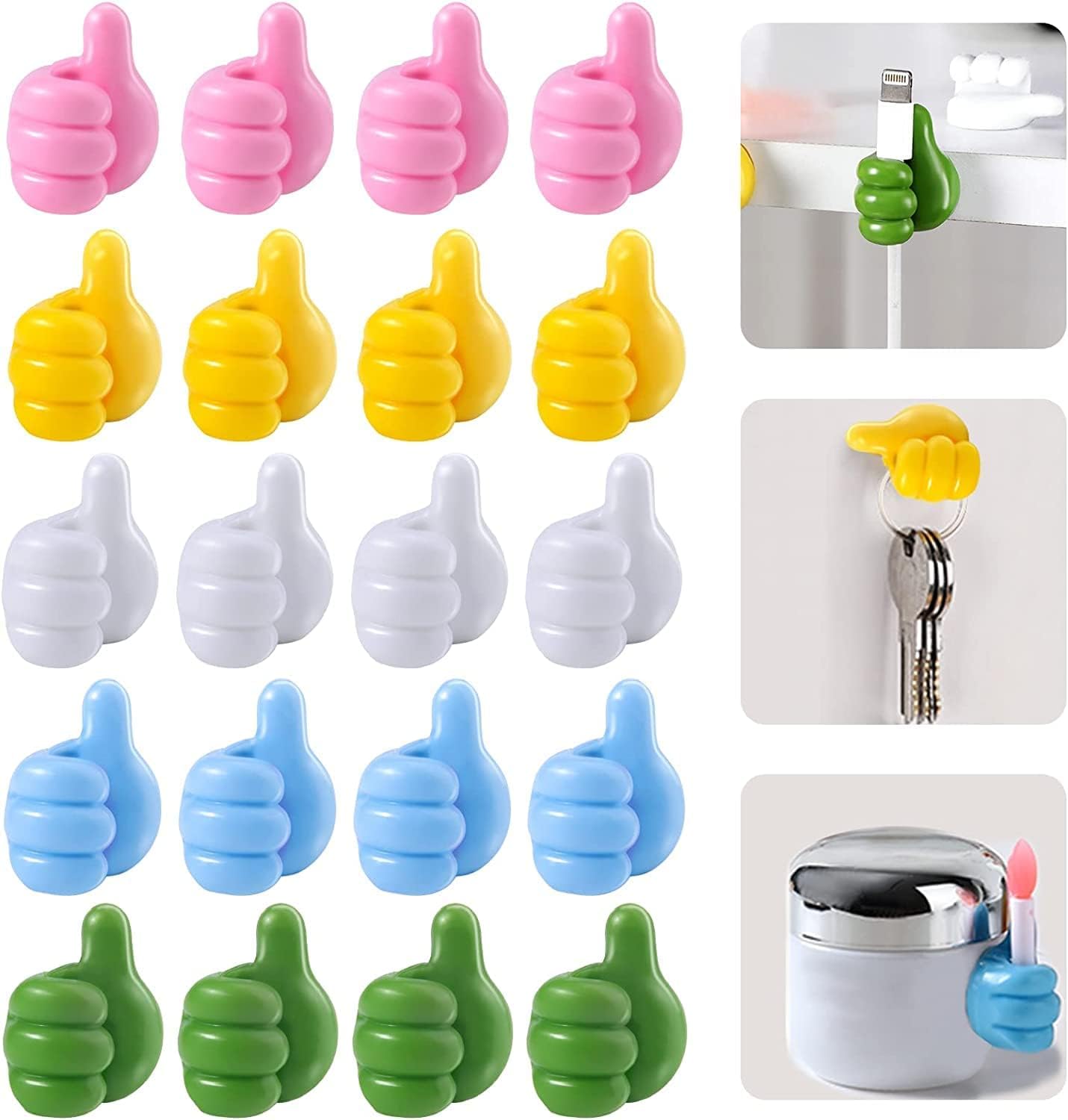 Qualstar Self Adhesive Wall Hooks For Hanging, Cable Organizer Clips, No Punching Key Holder, (Pack Of 20)