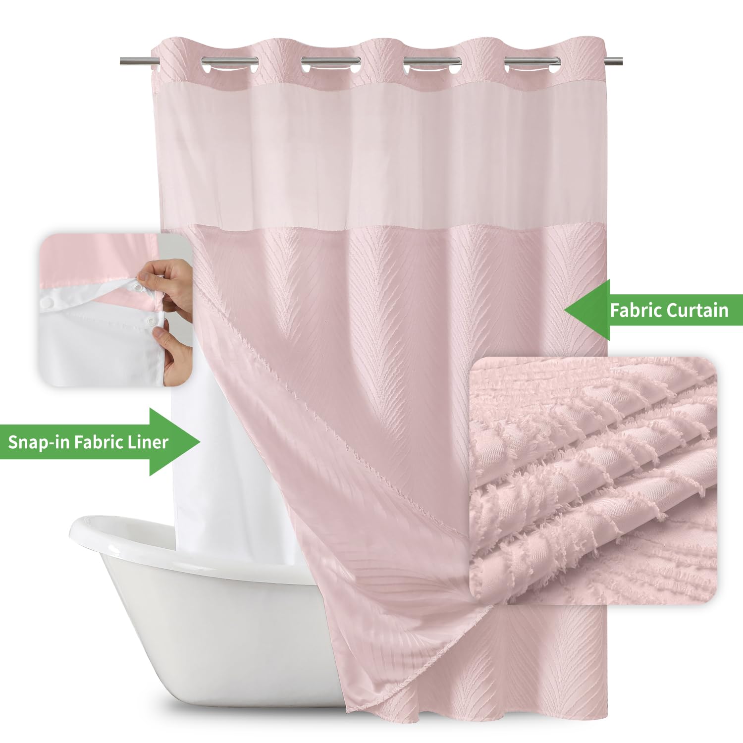 Eachope No Hook Shower Curtain And Liner Set,Boho Style With See Through Top Window, Pink Fabric Tufted Striped Textured Outer C