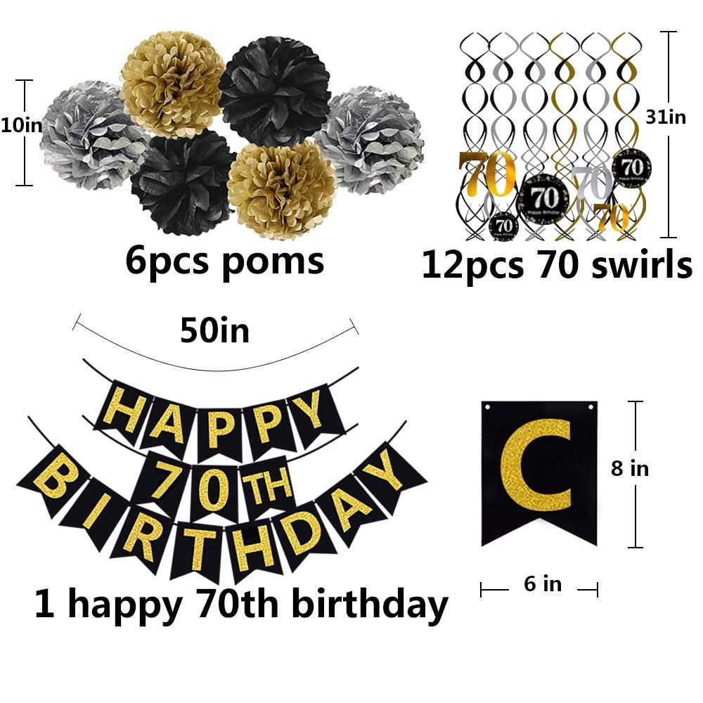 Famoby Black & Gold Glittery Happy 70Th Birthday Banner,Poms,Sparkling 70 Hanging Swirls Kit For 70Th Birthday Party 70Th Annive