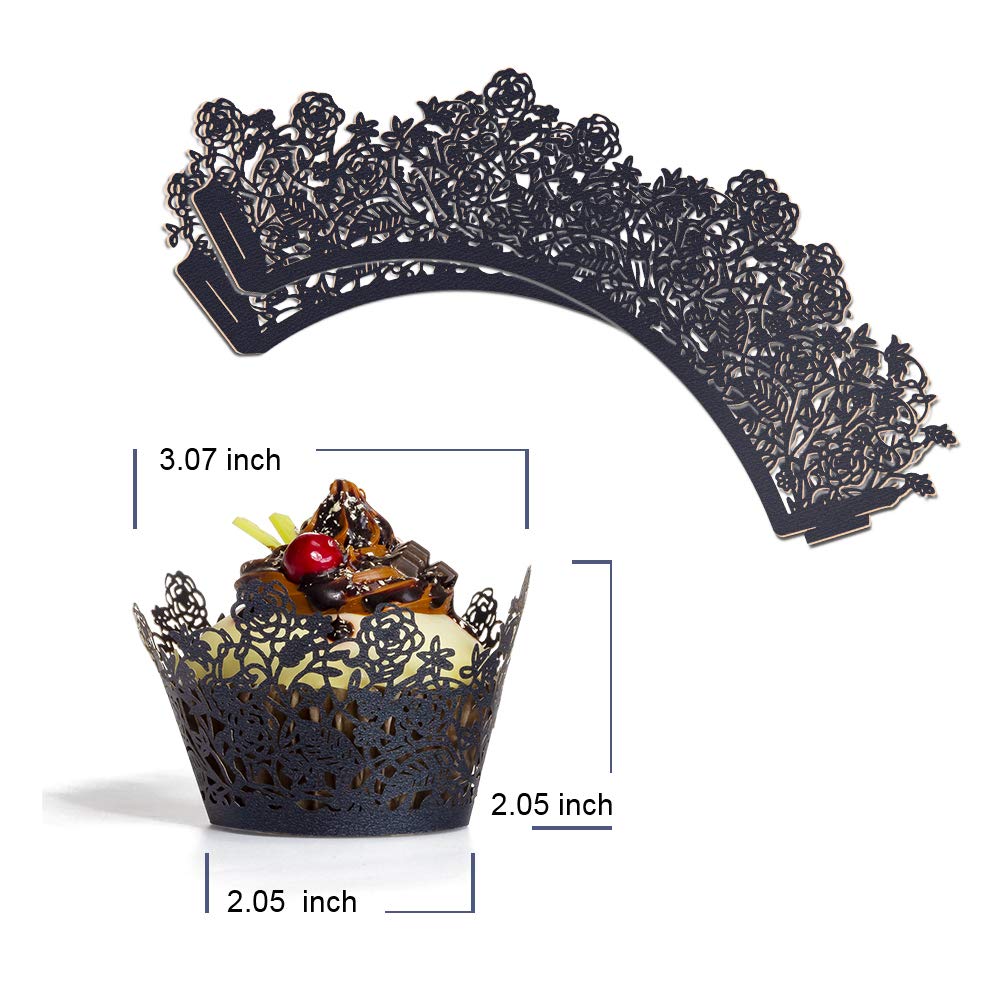 Yozatia 60Pcs Black Rose Lace Cupcake Wrappers Holders, Laser Cut Cupcake Liners Decorative Liners For Wedding Party Birthday Ca