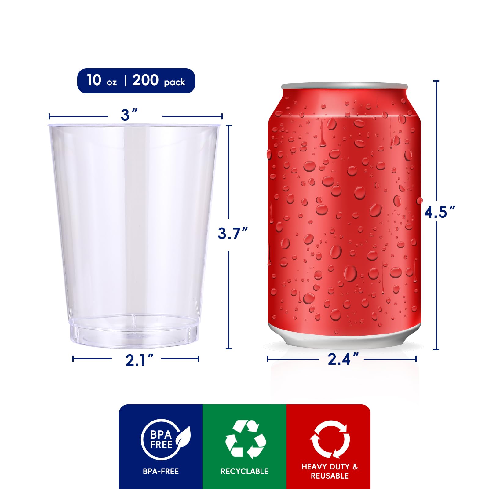 Jolly Chef 10 Oz Clear Disposable Plastic Cups 200 Pack, Clear Plastic Cups Tumblers, Heavy Duty Party Glasses, Disposable Cups