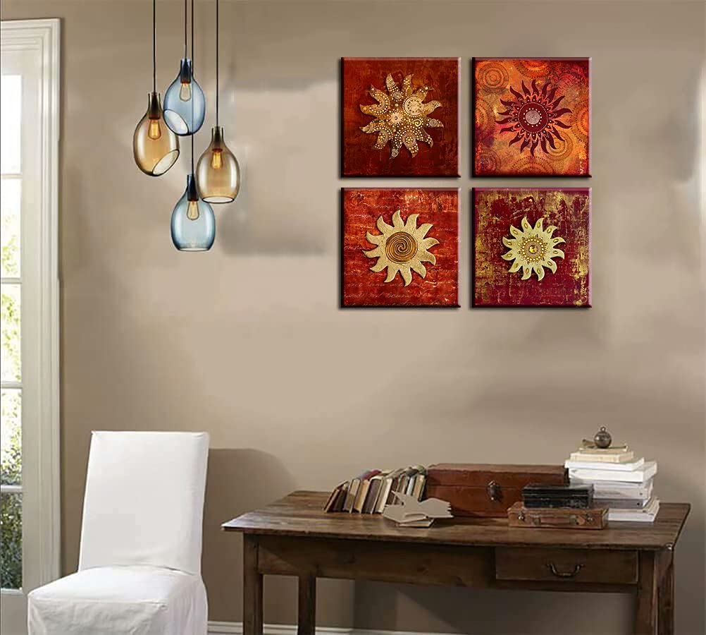 Vintage Flowers Pattern Canvas Prints Wall Art For Bathroom 4 Piece Framed Artwork Abstract Red Sunflower Picture Ready To Hang