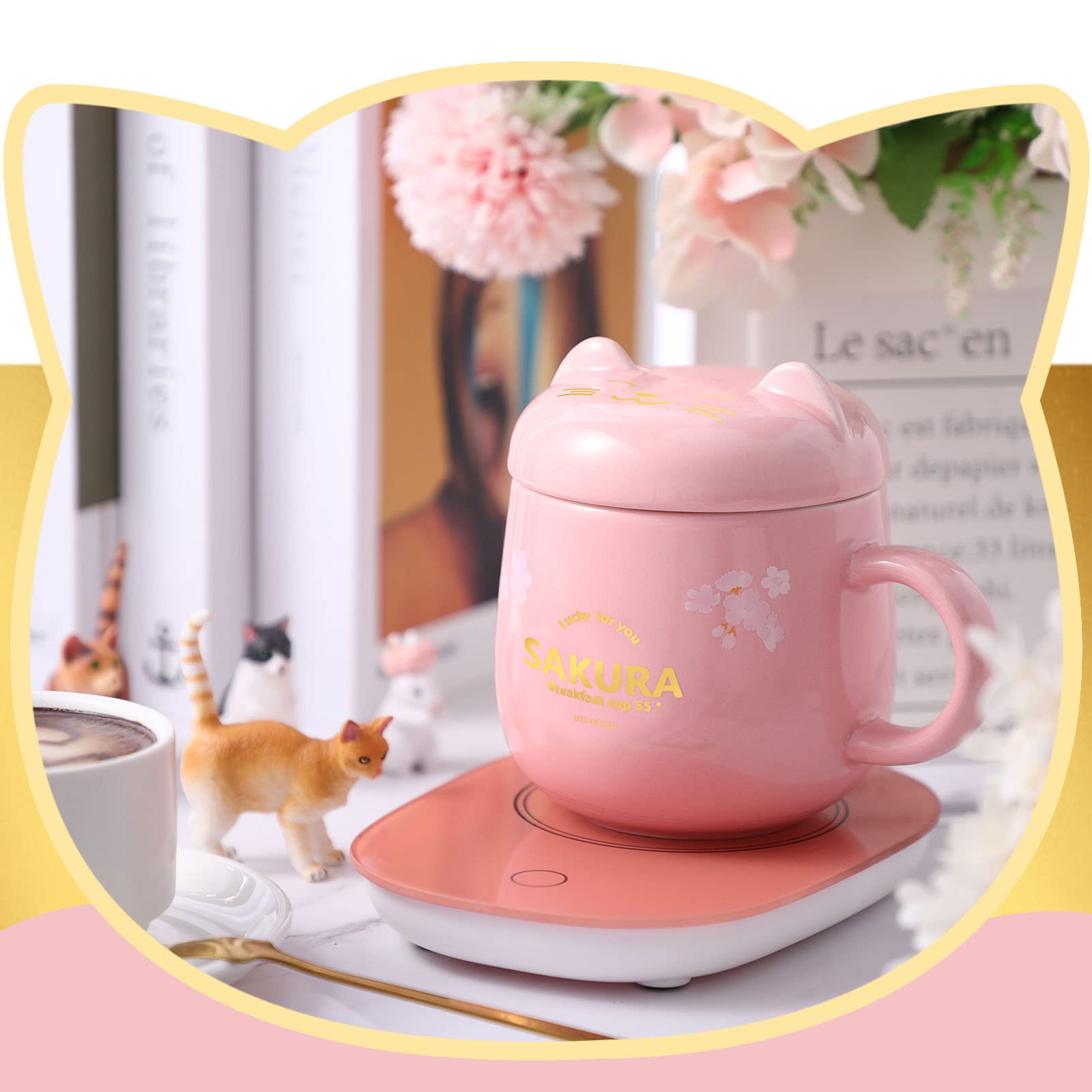 Honeydak Coffee Mug Warmer Cute Cat Mug Set Coffee Cup Warmer For Desk For Women Heated Coffee Warmer For Mom Home Office Christ