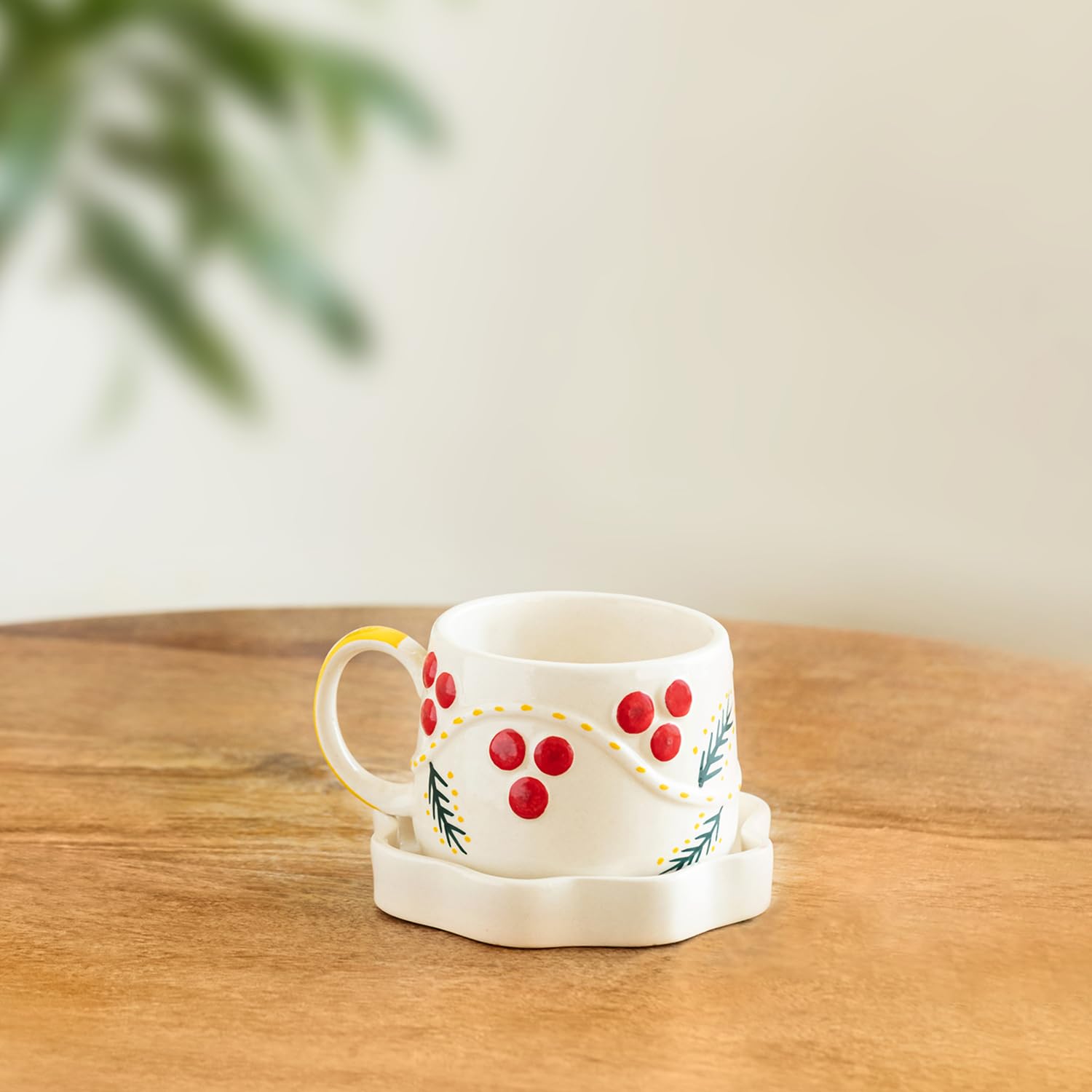 ExclusiveLane Sunbeam Bloom HandPainted Ceramic Tea Cup with Saucer Ceramic Coffee Cups Chai Tea Cup (Set of 2, Each Cup : 31